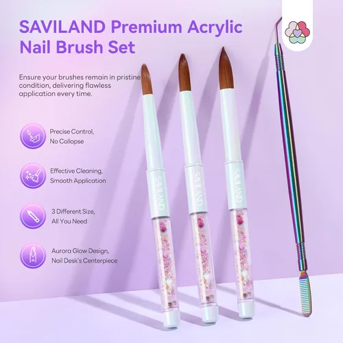Vista 2 de SAVILAND Pack of 3 Acrylic Brushes for Nails: Nail Art Brush for Beginners with Cleaning Comb Aurora Shimmer Nail Brush for Acrylic Powder Acrylic