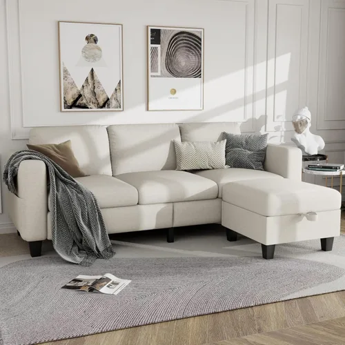 Vista 8 de Sofá modular para sala de estar, sofá en forma de L, pequeño modular de 3 asientos, cómodo lino con almacenamiento de asiento profundo, fundas