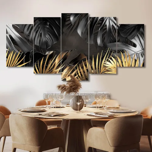 Vista 6 de Pintura de hojas negras y doradas, decoración de pared para sala de estar, arte de naturaleza en lienzo, obra de arte moderna, impresiones