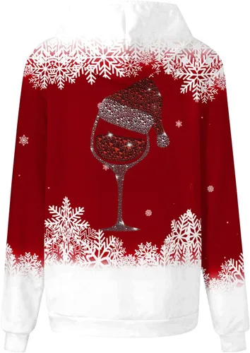 Vista 5 de Sudaderas con capucha de moda con estampado gráfico de copa de vino para mujer, casual, manga larga, divertida, de Navidad, cómoda sudadera