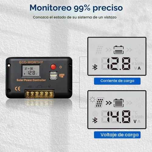 Vista 3 de Controlador de carga solar ECO-WORTHY 30A 12/24V PWM con Bluetooth