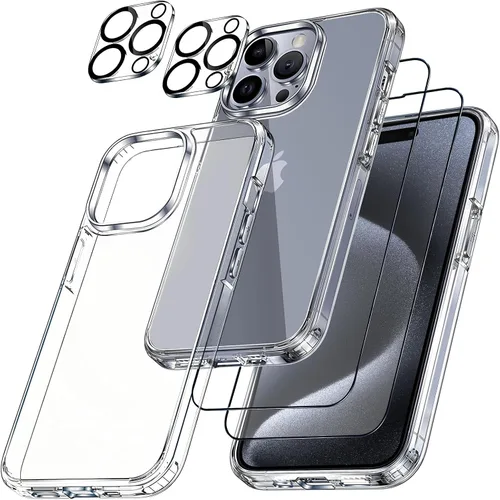 Vista 9 de Funda transparente 5 en 1 para iPhone 12, con 2 protectores de pantalla de vidrio templado HD de dureza 9H + 2 protectores de lente de cámara, funda