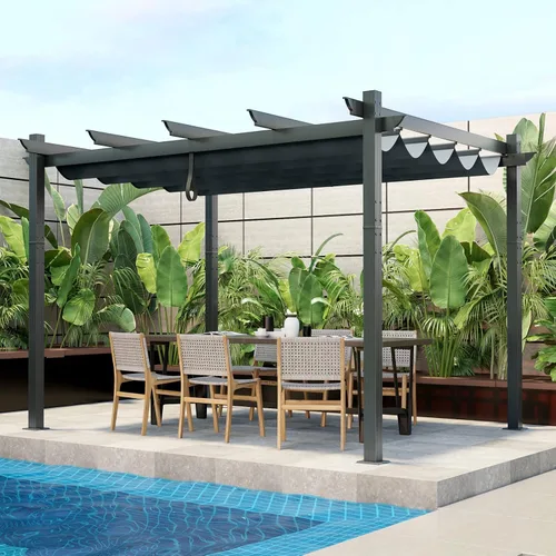 Vista 11 de Tangkula Pérgola de 10 x 12 pies, pérgola de aluminio resistente para exteriores con toldo retráctil, pabellón de refugio de patio extragrande