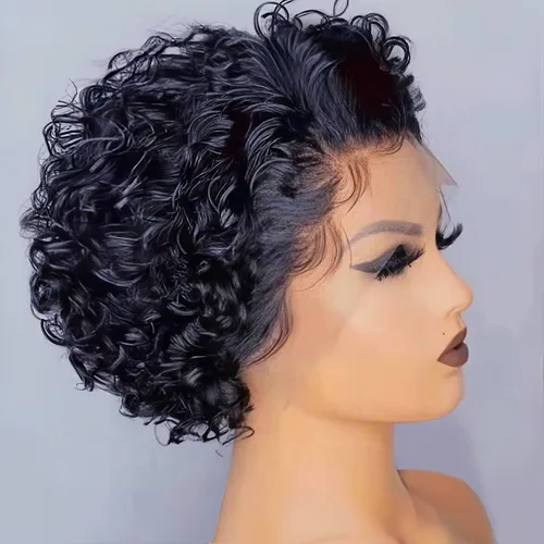 Vista 9 de INSTASTYLE Pelucas rubias degradadas con encaje frontal de 6 pulgadas, cabello humano de 13 x 1, corte Pixie, pelucas cortas rizadas de encaje HD