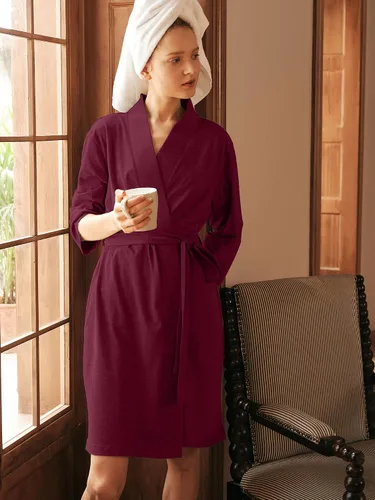 Vista 5 de SIORO Womens 100% Cotton Robe, Knee-Length Bathrobe with V-Neck & 34 Sleeves, Plus Size Loungewear for Sleep, Spa & Shower
