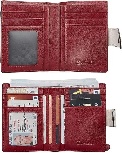 Vista 2 de BOSTANTEN - Billetera de cuero para mujer con bloqueo RFID, pequeña, con cremallera, de bolsillo, para tarjetas, con ventana para documento