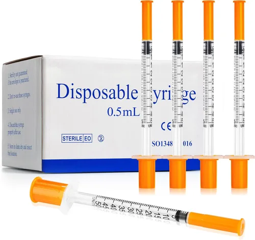 Vista 10 de CAILOS - Jeringa de 30G 0.5ml U-100, 0.5cc, calibre 30, 5/16 de pulgada (8mm), suministros de laboratorio desechables, paquete de 20