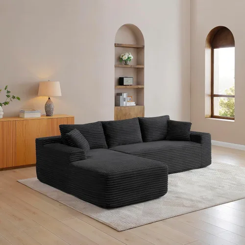 Vista 19 de Sofá comprimido de esquina izquierda en forma de L de 105 pulgadas, modular sin hueso, sofá de espuma de piso con diván, sofá de pana en esquina sin