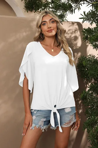 Vista 4 de SUEANI Blusas con lazo frontal para mujer, cuello en V, manga dividida 34, con nudo de verano