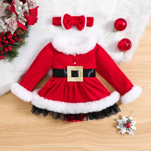 Vista 9 de WASAIGOOD Mameluco de Navidad para bebé niña, vestido de manga larga con ribete de piel, traje de terciopelo para Navidad, enterizo de invierno