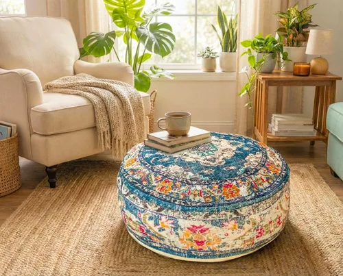 Vista 6 de Funda de almohada marroquí para suelo, color azul, redondo, estilo bohemio, decoración de habitación, zona de estar marroquí, puf otomano perfecto