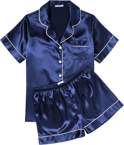 Vista 16 de Ekouaer Conjunto de pijama de satén de seda para mujer, suave, de manga corta, con botones, ropa para dormir, camiseta y pantalones cortos, juego