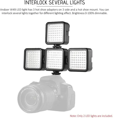 Vista 3 de Andoer W49 Mini cámara de enclavamiento LED Panel luz regulable videocámara iluminación de vídeo con adaptador de montaje de zapato para Canon Nikon