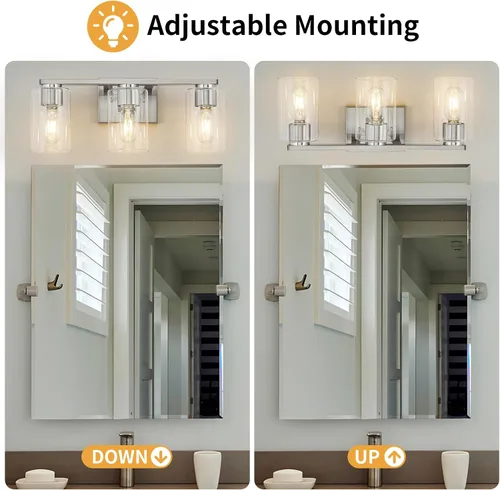 Vista 3 de WILON Lámpara de tocador de baño, 3 luces de tocador modernas de color negro claro con apliques de pared de vidrio transparente con vidrio