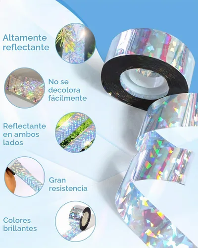 Vista 3 de 2 cintas de 502 pies para asustar pájaros, cinta holográfica reflectante de doble cara, dispositivos repelentes de pájaros audibles visuales