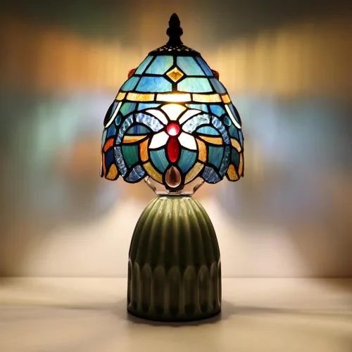 Vista 10 de Tiffany Stained Glass Mushroom Table Lamp 12.5 Inch -Blue Peacock Tiffany Lamp,6X6X12.5 Inch,Small Night Light,Ceramic Base, Mini Accent Light