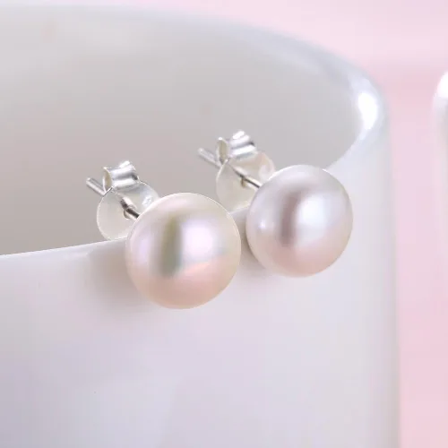 Vista 4 de ALYC Pearl Earrings Freshwater Pearl White Button Stud Earrings with 925 Sterling Silver for Women