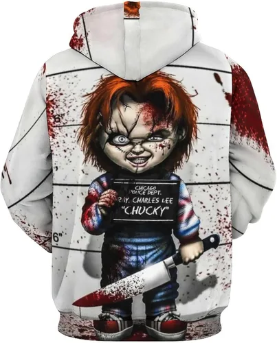 Vista 2 de Chuckys - Sudadera con capucha estampada en 3D, disfraz de cosplay novedoso de película de terror, sudadera sin botones para hombre