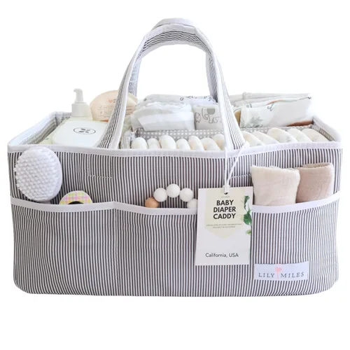 Vista 16 de Lily Miles Organizador de pañales para bebé - Bolso tote organizador para artículos esenciales de bebé niña - Cesta de regalo para baby shower
