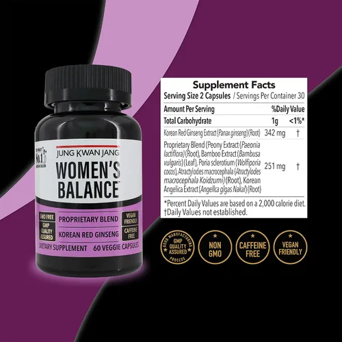 Vista 2 de JUNG KWAN JANG Equilibrio femenino con ginseng rojo coreano para nivel de energía, sistema digestivo y suplemento de salud cognitiva, 60 cápsulas