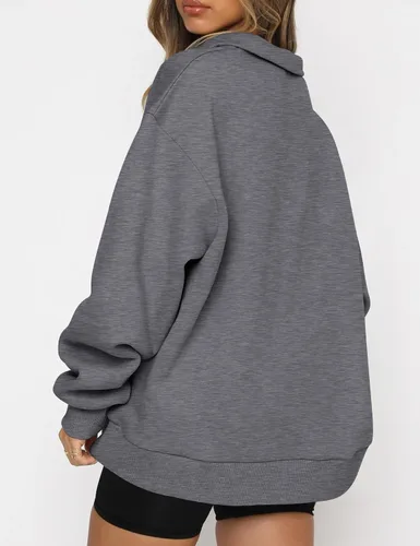 Vista 3 de EFAN Sudadera de gran tamaño con media cremallera para mujer, sudadera de manga larga con cremallera de un cuarto, sudadera moderna con capucha