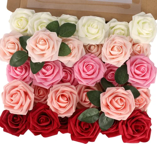 Vista 44 de MACTING 30 PCS Flores Artificiales Rosas Negras y Blancas Flores Falsas con Tallo Rosas de Espuma de Tacto Real para Boda Bola de Besos Ramillete
