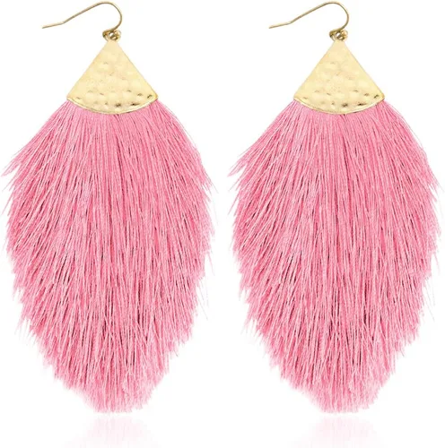 Vista 37 de Aretes bohemios de hilo sedoso con flecos y borlas – Ligeros, colgantes, con hebras y forma de pluma Fleco de plumas - Azul Aqua