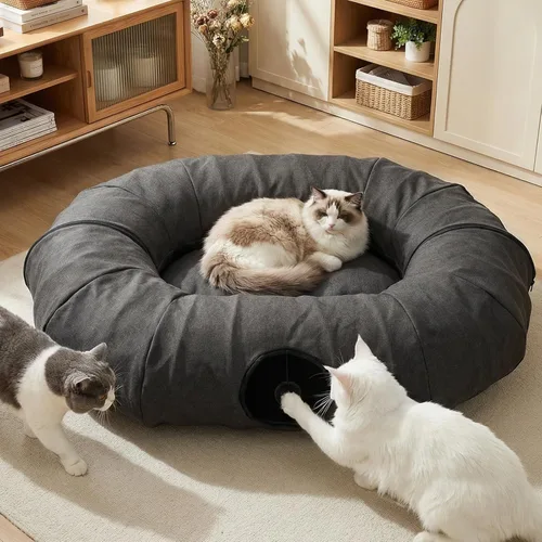 Vista 11 de Cama túnel para gatos de interior, túnel de lino natural refrescante para gatos, túnel transpirable de 29.5 pulgadas para gatos con tapete lavable