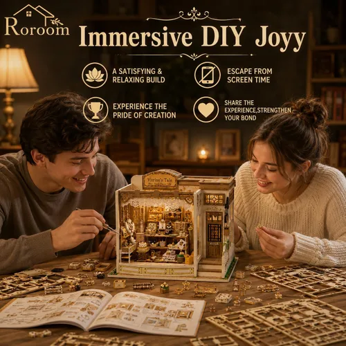 Vista 5 de Roroom Kit de casa en miniatura para bricolaje, kit de rincón de libro de cuento de Vitrine con luz LED, rompecabezas de madera 3D, kit de casa