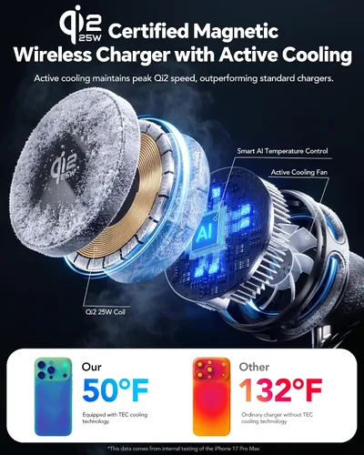 Vista 3 de Qi2.2 25W 3 en 1 Cargador Mag-Safe con estación de carga de enfriamiento Cargador inalámbrico Qi 2 de carga rápida para iPhone 18 Pro-8, Apple Watch