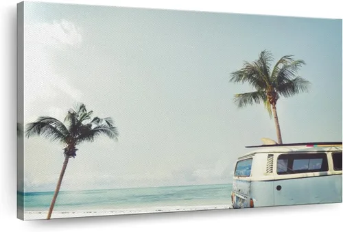 Vista 12 de ElephantStock - Retro Surf Van Wall Art - Horizontal Floating Framed Canvas - Living Room Wall Decor - Photography Beach Framed Canvas Art - Blue