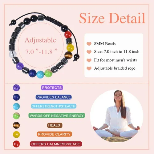 Vista 5 de Brazalete GelConnie de piedras de lava, 7 chakras, 0.32 pulgadas, piedra natural, para curación, alivio del estrés, yoga, ansiedad, aromaterapia
