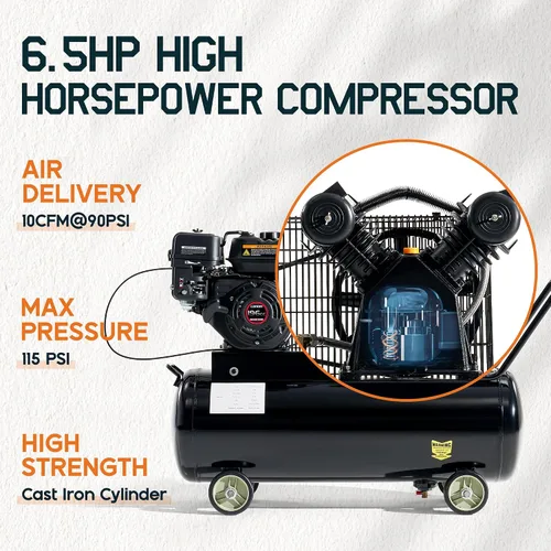 Vista 3 de Compresor de aire de gas Albott 6.5HP, tanque horizontal portátil de 20 galones 196cc Loncin Engine Max 115 PSI Presión Portátil Rueda Diseño