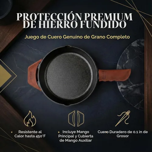 Vista 2 de Orgullosamente fabricado en Georgia con cuero de grano completo - Funda de mango de hierro fundido de cuero, juego de 2 - Funda de mango de hierro