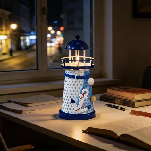 Vista 5 de Juego de 3 portavelas de faro de lata de estilo mediterráneo, decoración de faro náutico azul y blanco con diseños de gaviota, velero y ancla