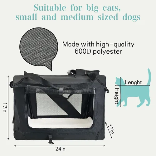 Vista 5 de Fhiny Transportador grande para gatos 2 gatos, 24 x 17 x 17 pulgadas, suave jaula para perros, plegable, portátil, bolsa de transporte para Negro