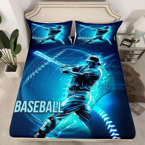 Vista 29 de Erosebridal Sábana bajera ajustable de béisbol tamaño individual, juego de cama de juegos deportivos para niños, niñas, adolescentes y adultos