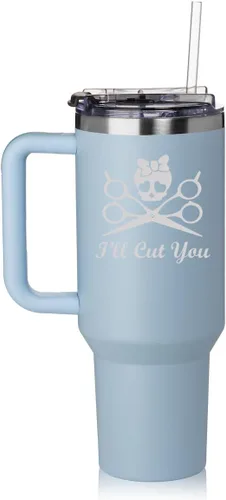Vista 6 de Vaso de 40 onzas con asa y tapa con pajilla, taza de viaje aislada de acero inoxidable, taza de viaje I'll Cut You Hair Dresser Stylist (negro)