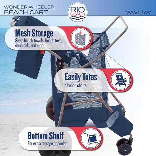Vista 4 de Rio Beach Wonder Wheeler Deluxe - Carrito plegable utilitario, para césped y playa, azul marino
