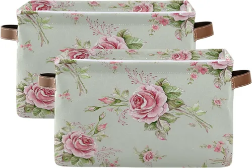 Vista 2 de Cubo de almacenamiento plegable con patrón de rosas y flores florales para niños y mujeres, organizador comprimible con asa, cesta de almacenamiento
