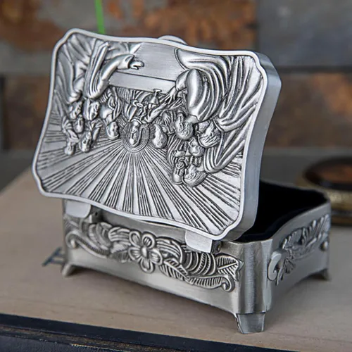 Vista 5 de cenryusa Caja para collar de rosario vintage, caja eucarística de almacenamiento de joyería de la última cena, caja de recuerdo de rosario cristiano