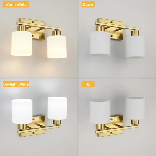 Vista 5 de WILON 2 luces doradas cepilladas, accesorios de iluminación de tocador de baño con pantallas de vidrio esmerilado blanco leche, modernas luces