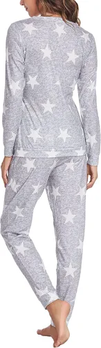 Vista 5 de Ekouaer Conjunto de ropa interior térmica de maternidad y lactancia, conjunto de pantalones largos de punto a rayas, capa base superior e inferior