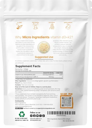 Vista 2 de Micro Ingredients Vitamina D3 5,000 UI + K2 MK-7 100 mcg, 300 cápsulas blandas Aceite de coco virgen Apoyo óseo, inmune y cardíaco 2 en 1