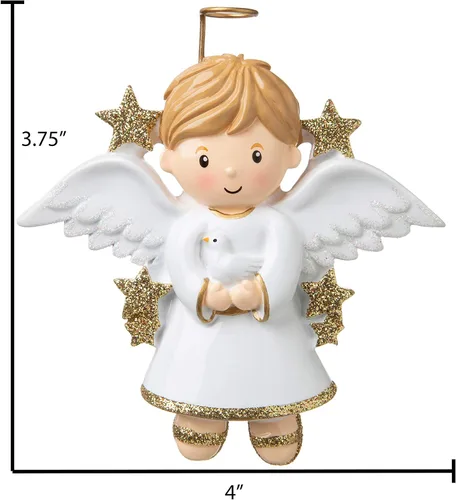 Vista 3 de Adorno de ángel personalizado 2025 – Adorno de ángel bebé rubio para niño, reloj de halo dorado, adornos de Navidad para bebé para alas de árbol