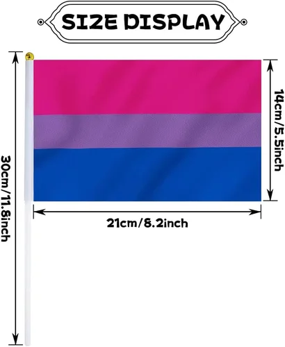 Vista 2 de Bandera bisexual con bandera bi, pequeña mini banderas de mano con orgullo bisexual en palos para desfiles, fiestas, festivales y decoraciones