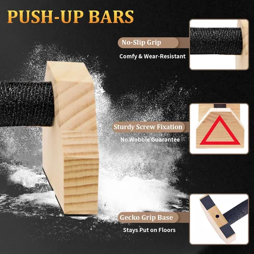 Vista 3 de Soporte de flexión, 2 barras de madera para flexiones, base antideslizante, equipo de entrenamiento en casa, paraletas de madera, soporte de mango