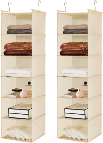 Vista 28 de MAX Houser Organizador colgante de armario de 6 niveles, estante colgante de tela con 2 ganchos resistentes para almacenamiento, plegable (beige)