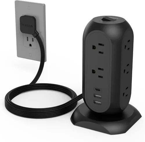 Vista 12 de Regleta con protector contra sobretensiones TESSAN, cable de extensión retráctil de 5 pies con múltiples tomas, 11 tomas con estación de carga de 3