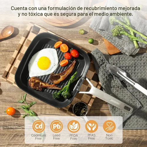 Vista 2 de MsMk - Sartén cuadrada con tapa de 9.5 pulgadas, sartén de parrilla antiadherente de titanio y cerámica, mango Stay-Cool, compatible con todas